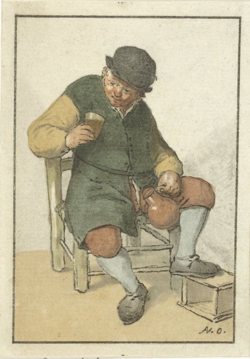 Sürahi ile oturan çiftçi by Cornelis Ploos van Amstel (signed by artist)