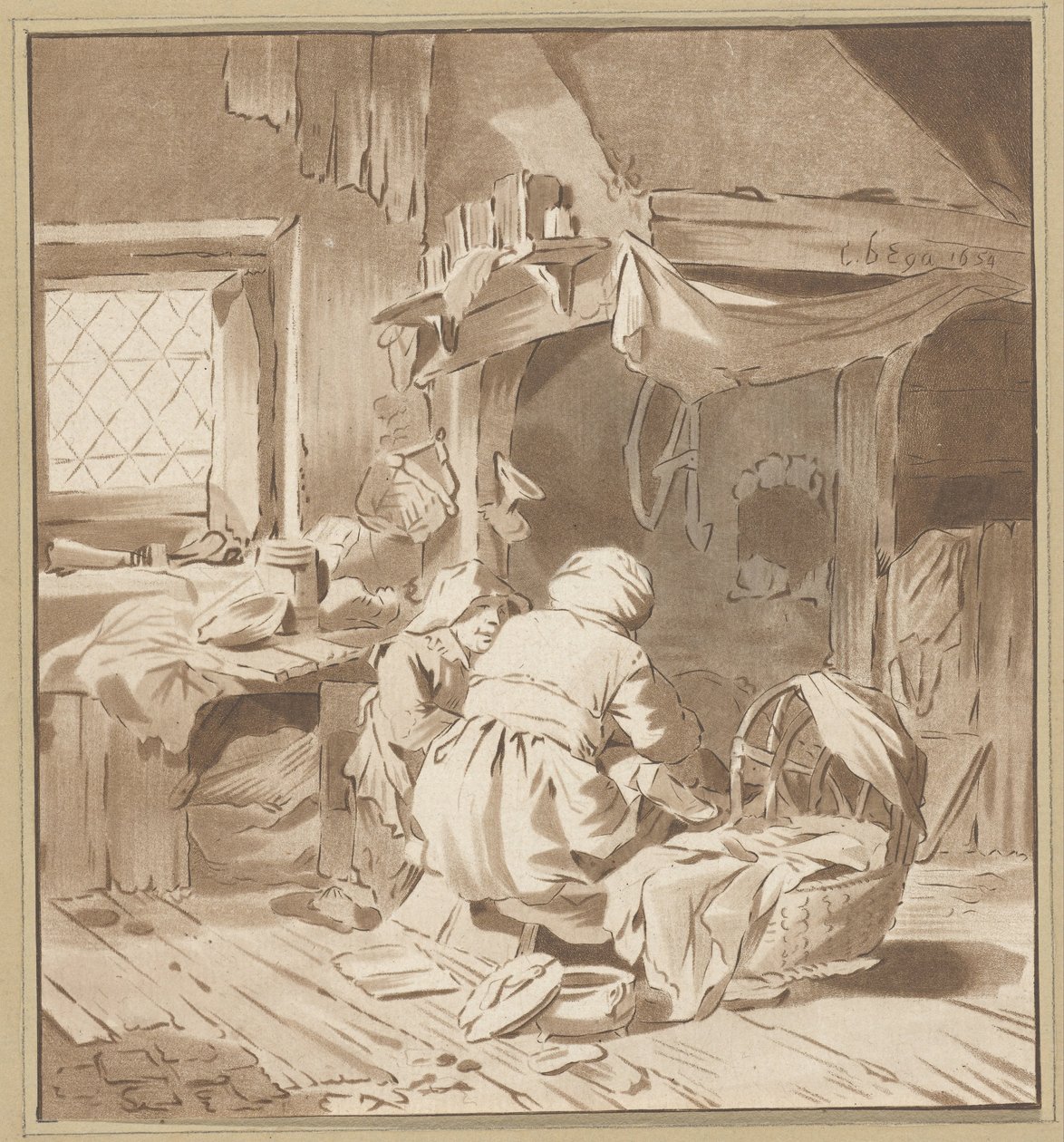 İki kadın ile çiftlik evi iç by Cornelis Ploos van Amstel