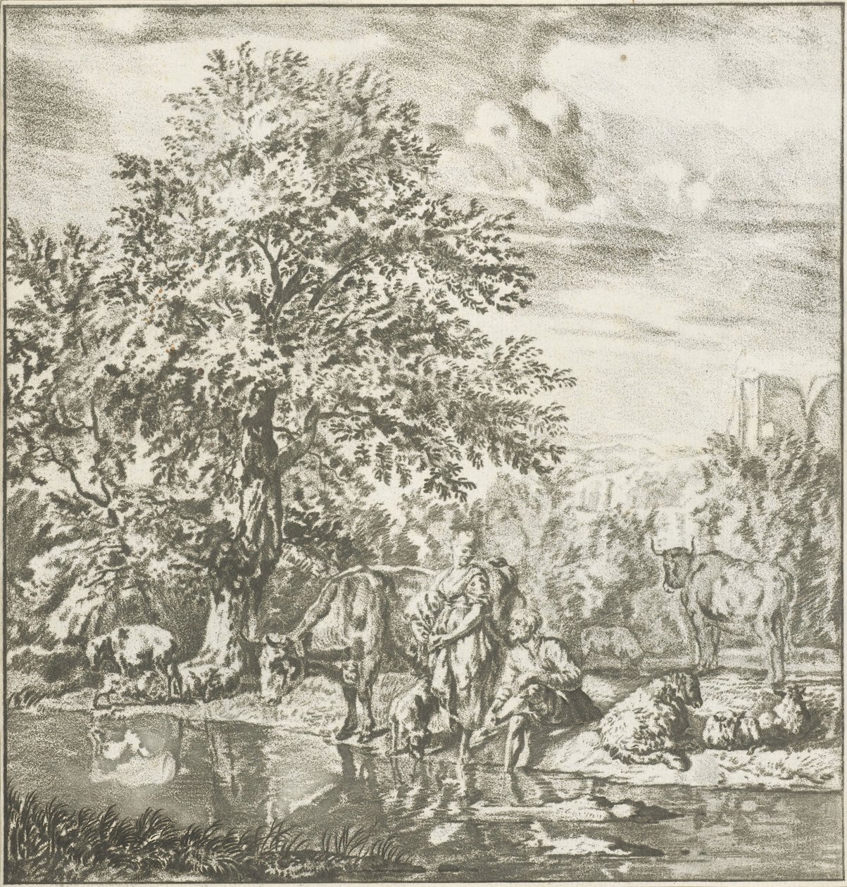 Bir nehir tarafından sürü ile çoban ve çoban kız Baskı çalışması (seri başlığı) by Cornelis Ploos van Amstel