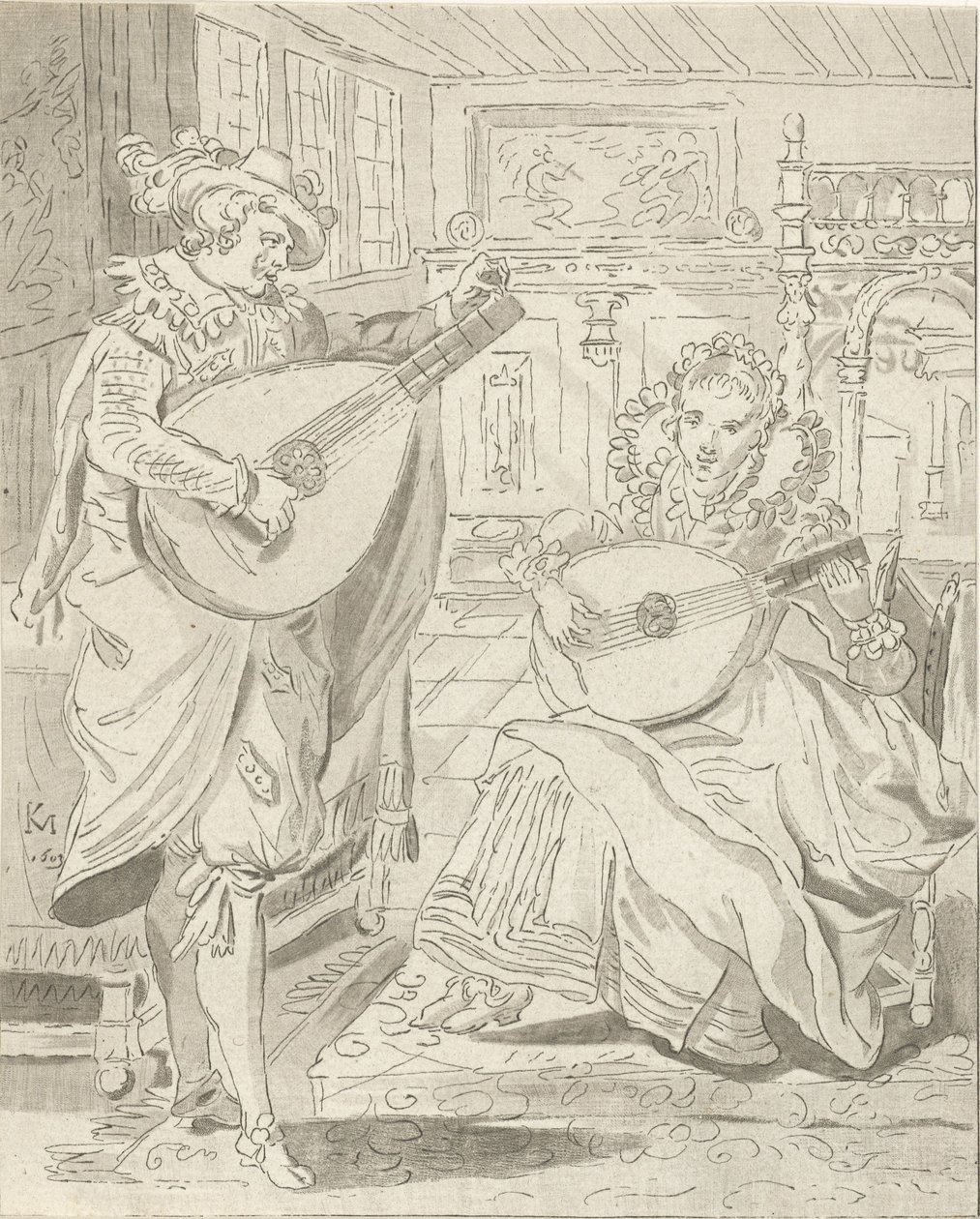 Beyefendi ve hanımefendi oynayan ud by Cornelis Ploos van Amstel