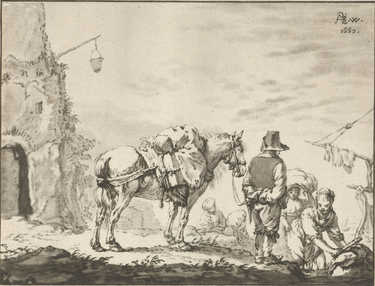 Çamaşırhane ile atlı adam by Cornelis Ploos van Amstel