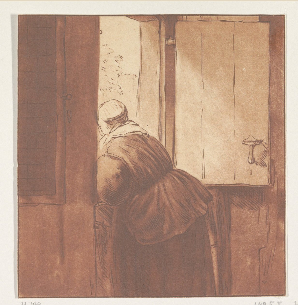 Alt kapıya yaslanmış kadın by Cornelis Ploos van Amstel