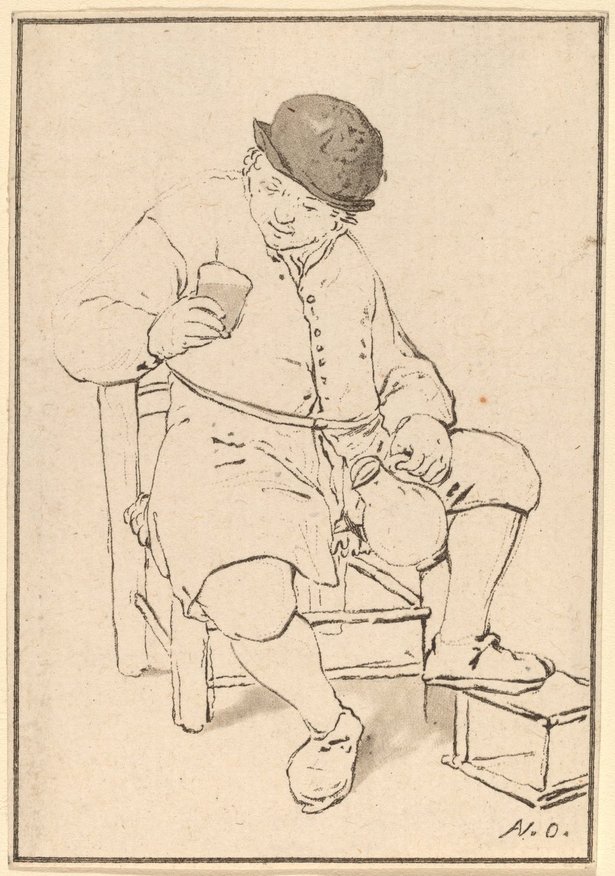 Sürahili Oturan Köylü by Cornelis Ploos van Amstel after Adriaen