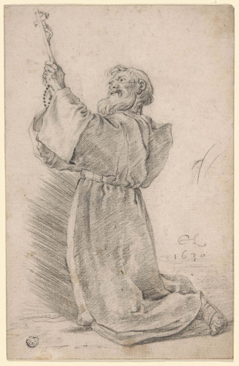 Bir haç tutan diz çökmüş rahip by Cornelis Saftleven
