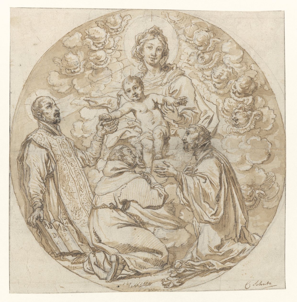 Loyolalı Aziz Ignatius, Aziz Francis Xavier ve Kutsal Keşiş Tarafından Tapılan Bakire ve Çocuk by Cornelis Schut (I)