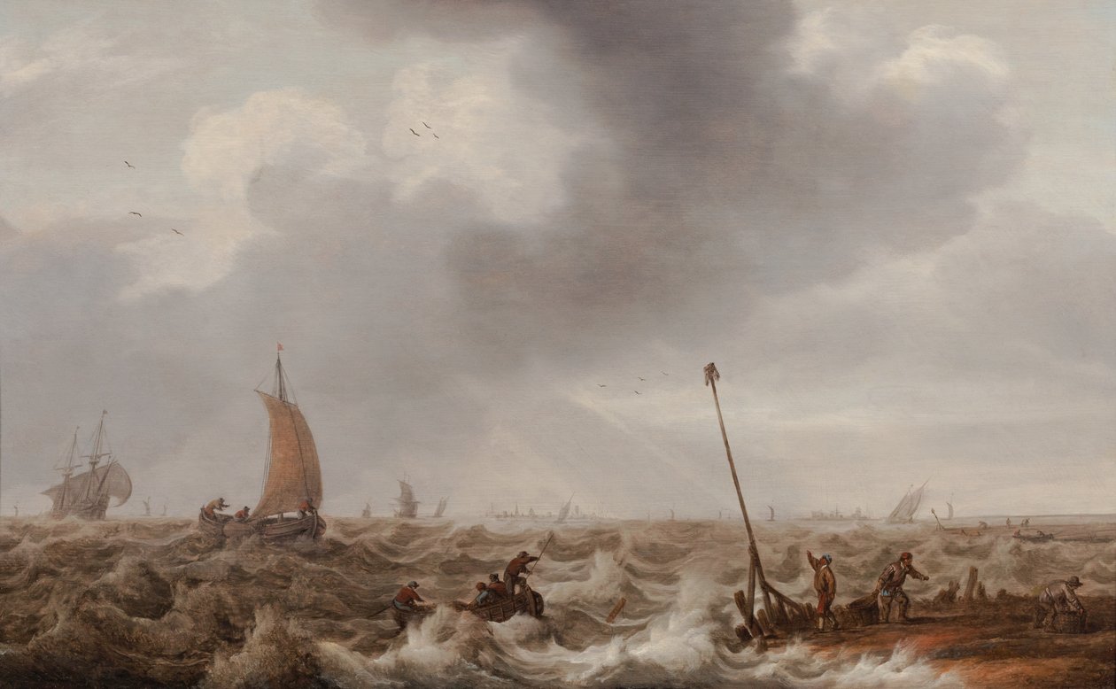 Kıyı Boyunca Dalgalı Denizlerde İskele, Deniz Feneri ve Uzakta Bir Kasaba ile Nakliye, c.1600-55 (panelde yağ) by Cornelis Stooter