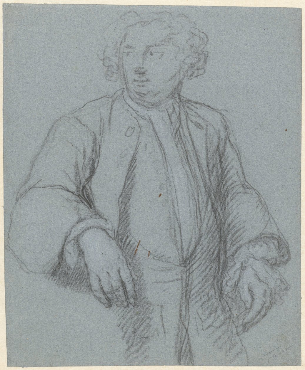 Uzun paltolu bilinmeyen bir adamın portresi, dörtte üçü solda by Cornelis Troost (attributed to)