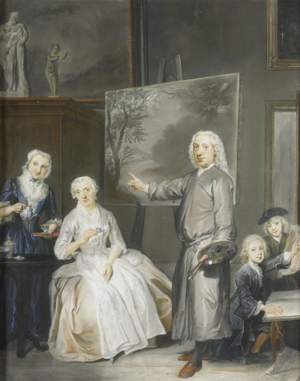 Manzara ressamı Dirk Dalens III (1688-1753), ikinci eşi Maria Schaack (ö. 1766) ve çocukları Anna (1725 doğumlu), Willem (1737-60) ve Jacobus (1741-63) ile by Cornelis Troost