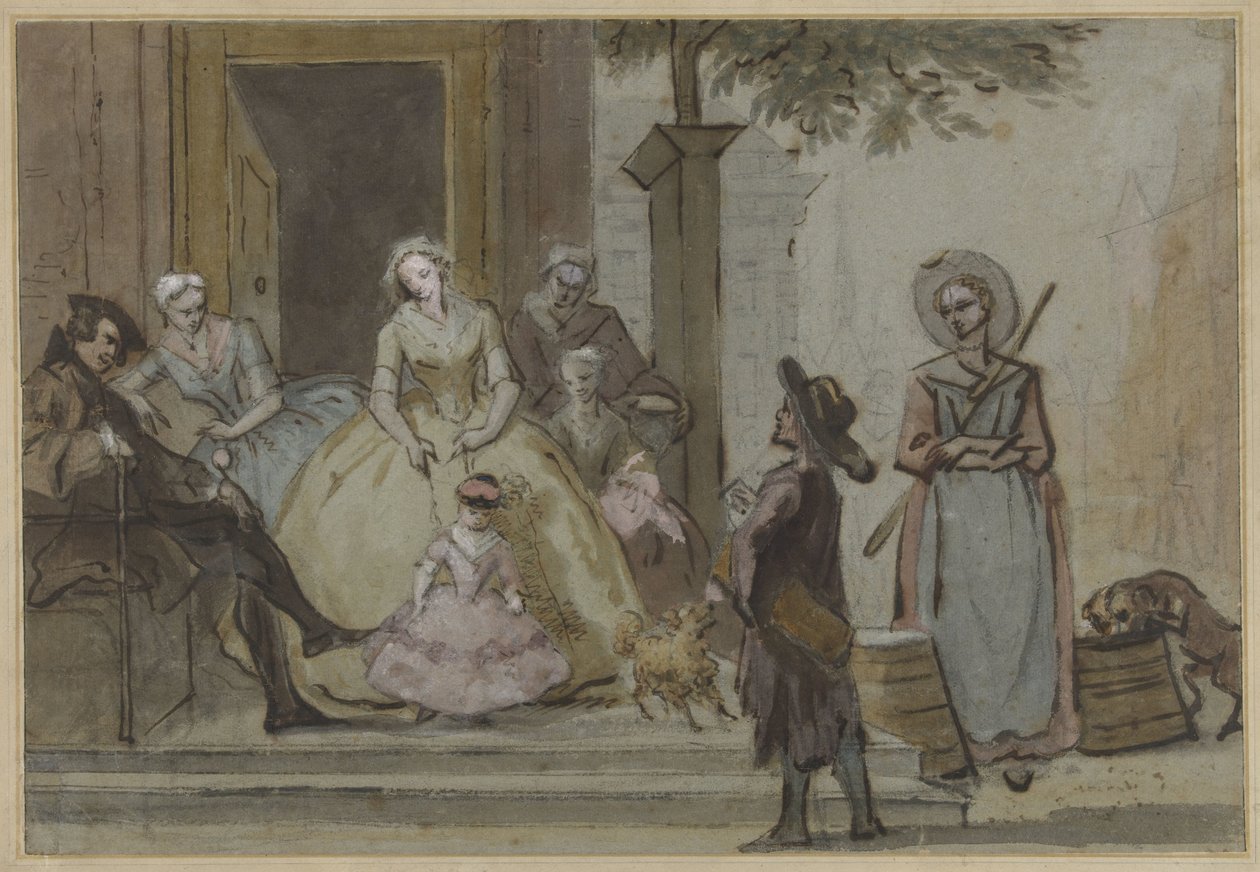 Bir Kasaba Evi Kapısında Dinleyen Bir Aile için Hurdy Gurdy Oyuncusu by Cornelis Troost