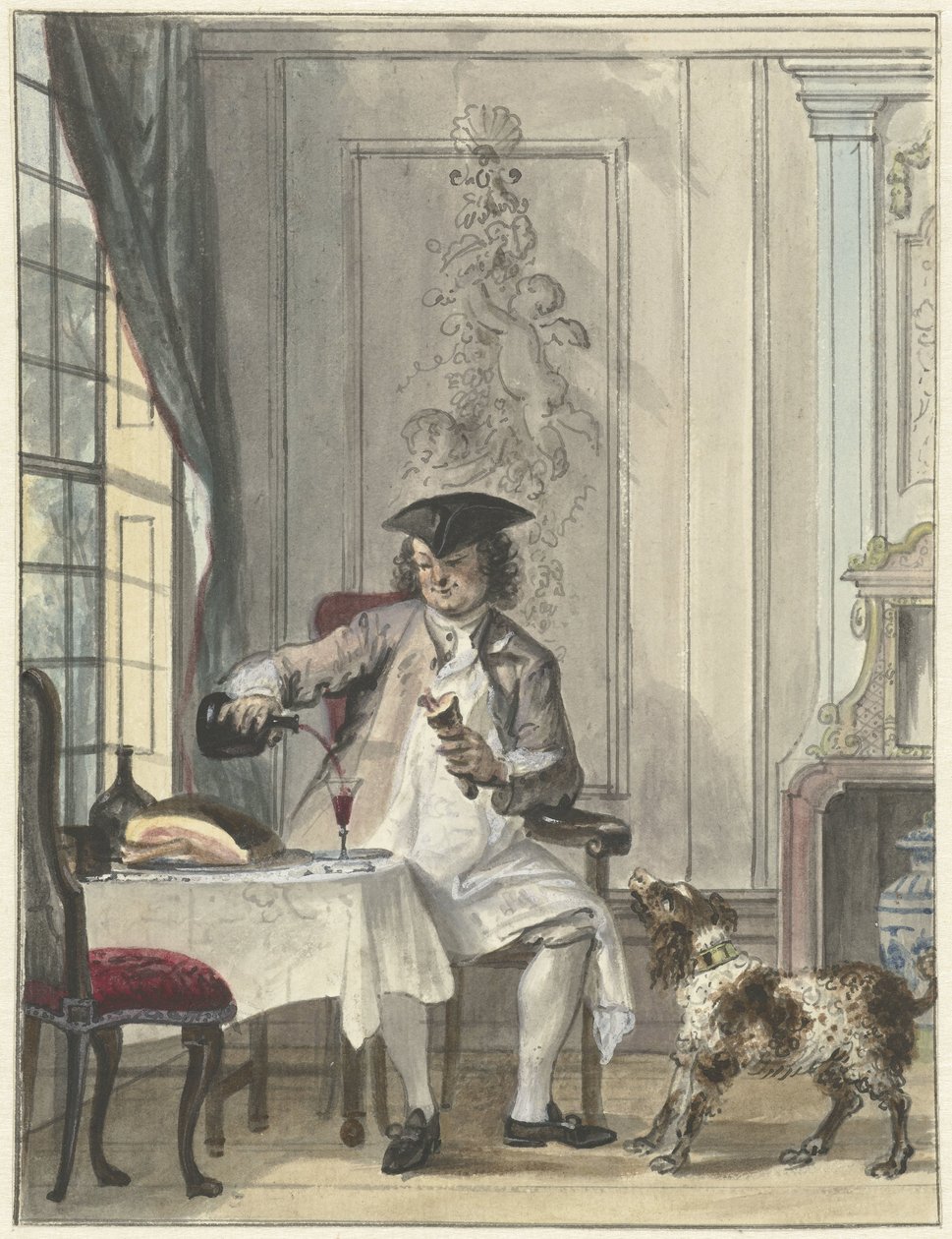 Adam bir kadeh şarap ve bir kemik ile yemek by Cornelis Troost