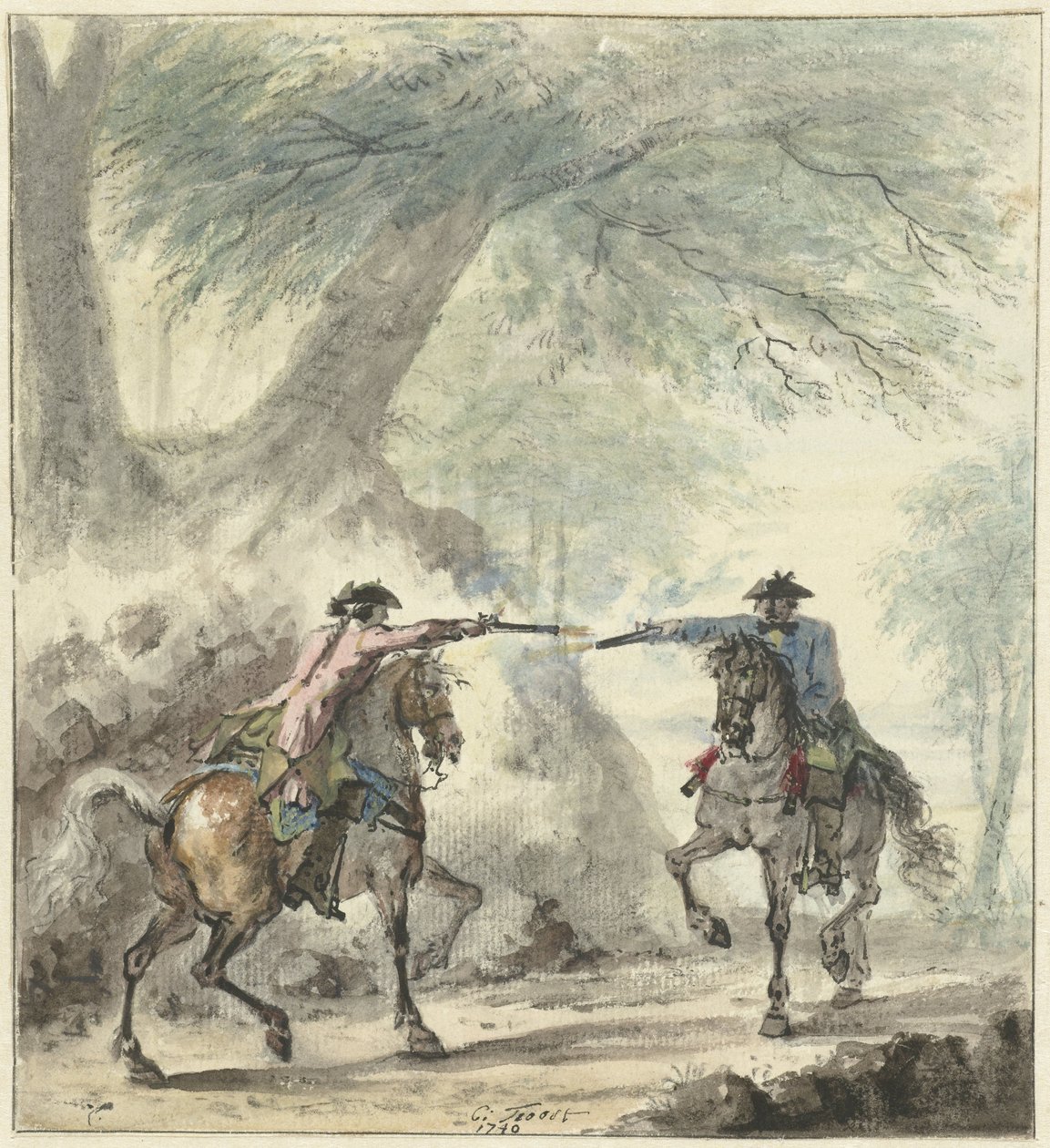 Bir orman yolunda karşılaşan ve birbirlerine ateş eden iki atlı by Cornelis Troost