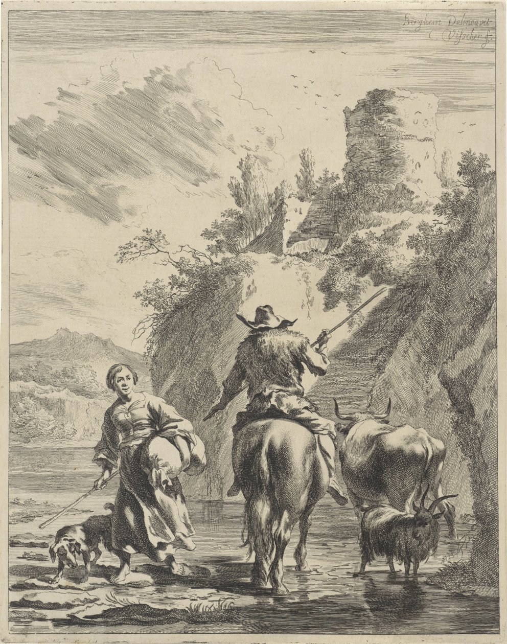 Bir kalede çoban ve çoban kız Yuvarlanan manzaralar (dizi başlığı) by Cornelis Visscher (II)