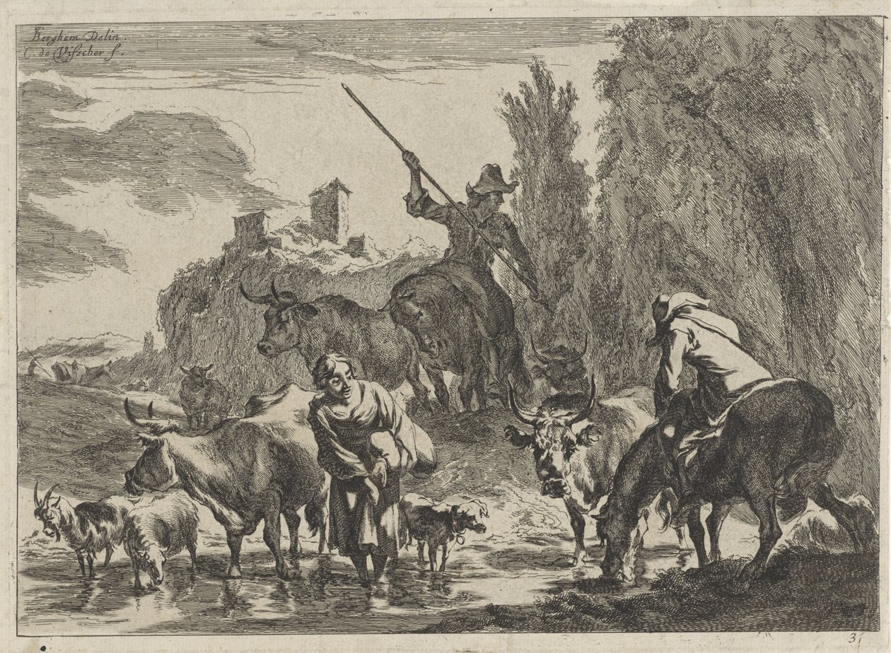 Sığırlı çobanlar bir dereden geçiyor Manzaralar (dizi başlığı) by Cornelis Visscher (II)