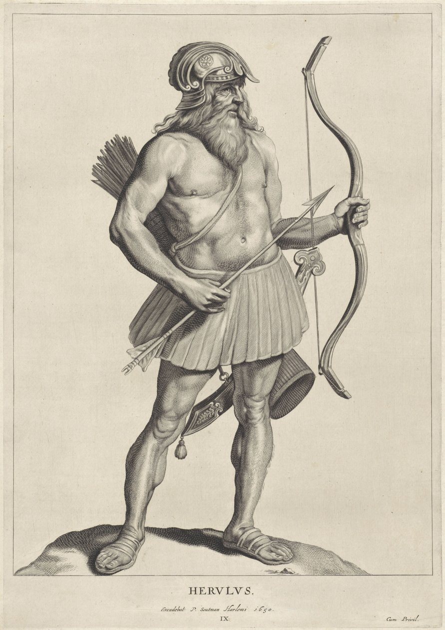 Herulian Herulus (nesne üzerindeki başlık) Oude hier woonachtige volken (dizi adı) Peplus veya Gotlar, Vandallar, Swabianlar, Heruli, Gepidler, Marcomanni ve antik anıtlardan ve Marcus Zuerius Boxhornius müzesinden antik Dörtlü Görüntüler (seri baştankara by Cornelis Visscher (II)