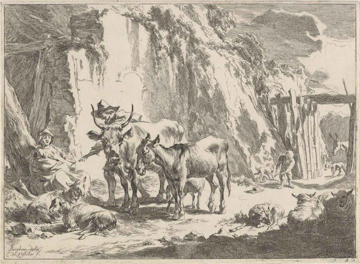 Çocuğunu besleyen bir kadınla manzara Manzaralar (dizi başlığı) by Cornelis Visscher (II)