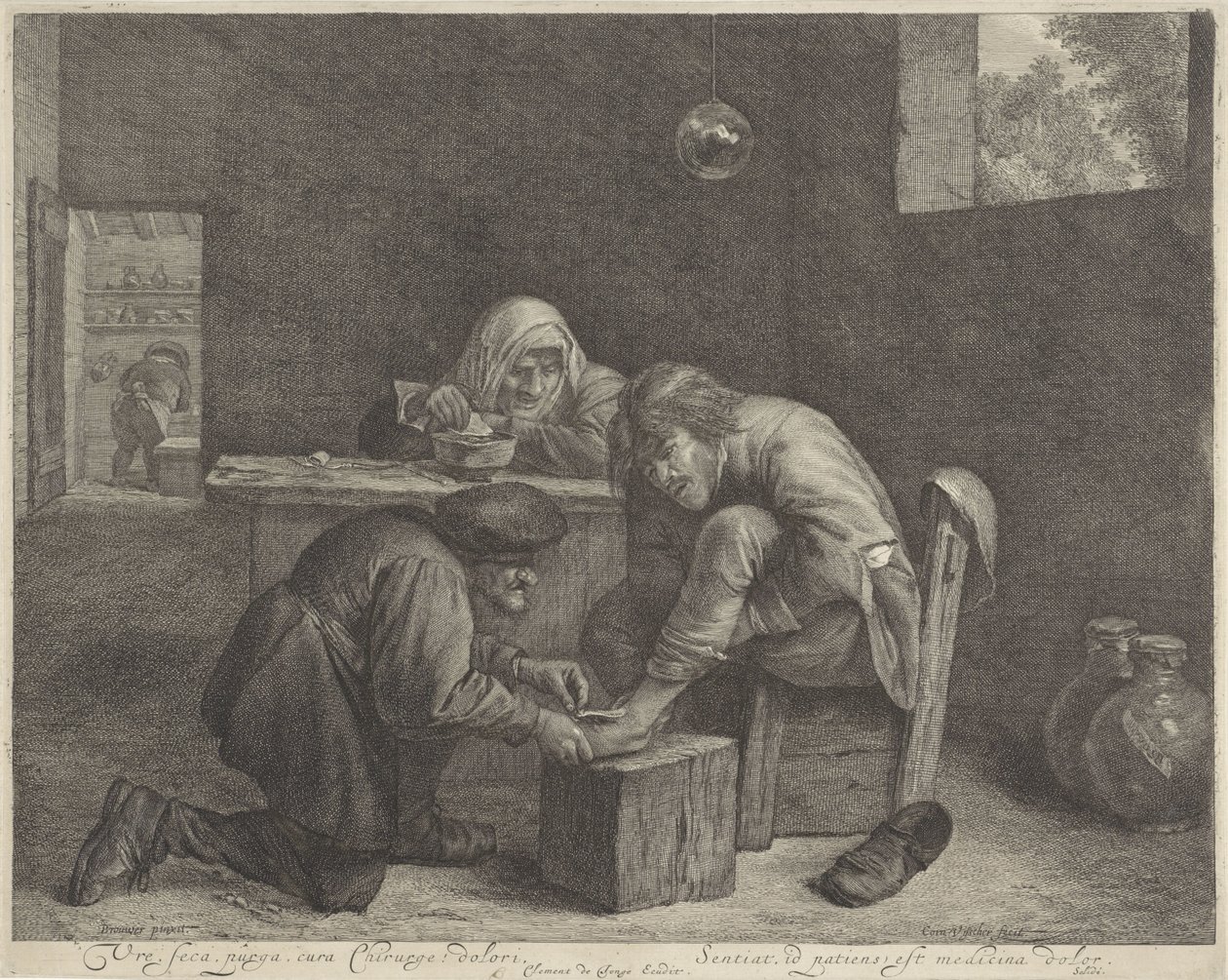 Adam bir doktor Barış, seca, purga, cura Cerrah! dolori (nesne üzerindeki başlık) by Cornelis Visscher (II)