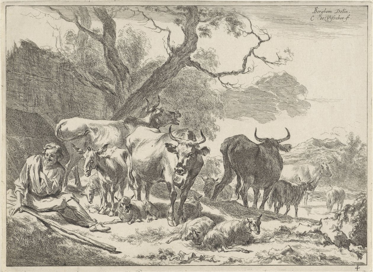 Yaşlı çoban sürüsü ile dinleniyor Manzaralar (dizi başlığı) by Cornelis Visscher (II)