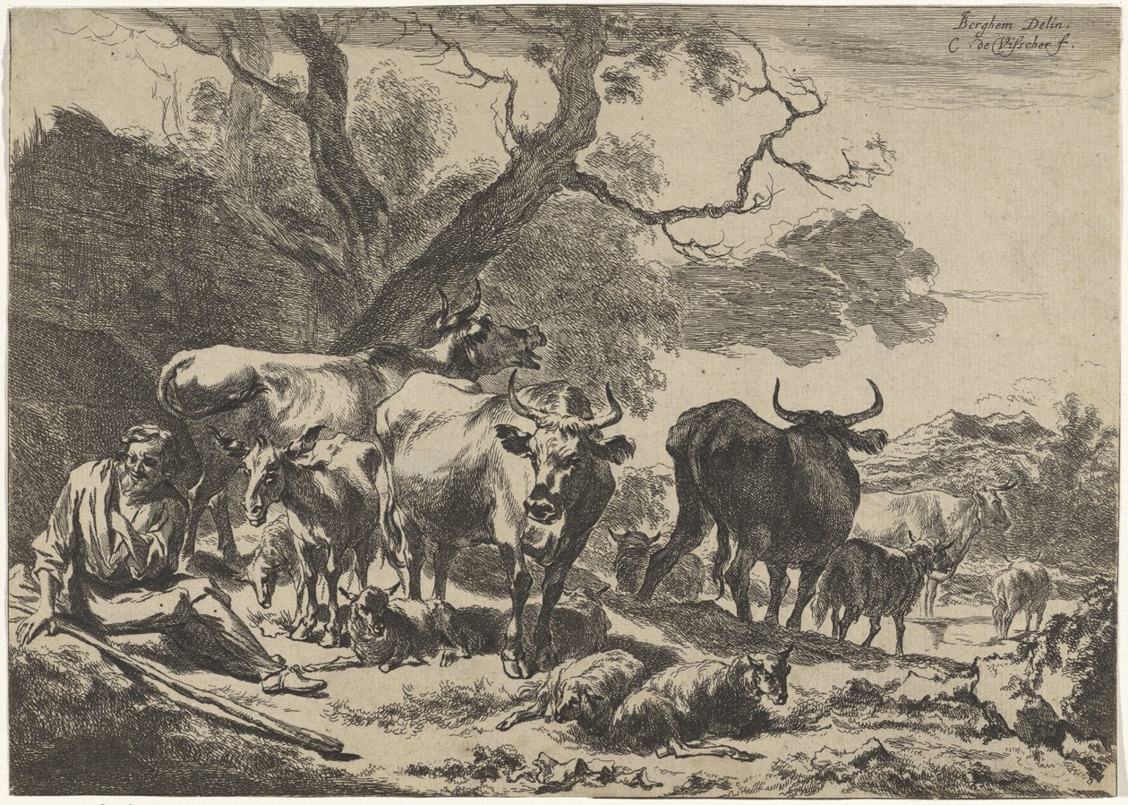 Yaşlı Çoban Sürü Manzaralarıyla Dinleniyor (dizi başlığı) by Cornelis Visscher (II)