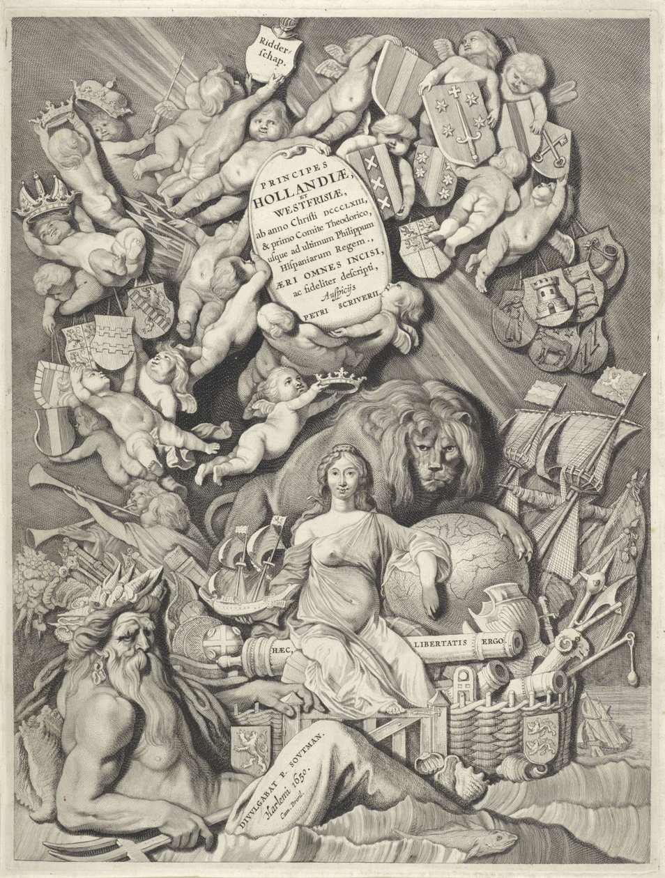 Titelprent voor een reeks graven en gravinnen van Holland, Zeeland en West-Friesland PRINCIPES / HOLLANDIÆ, / ZELANDIÆ ET FRISIÆ, / (...) / PETRI SCRIVERII (title on object) Graven en gravinnen van Holland, Zeeland en West-Friesland (series title) Princ by Cornelis Visscher (II)