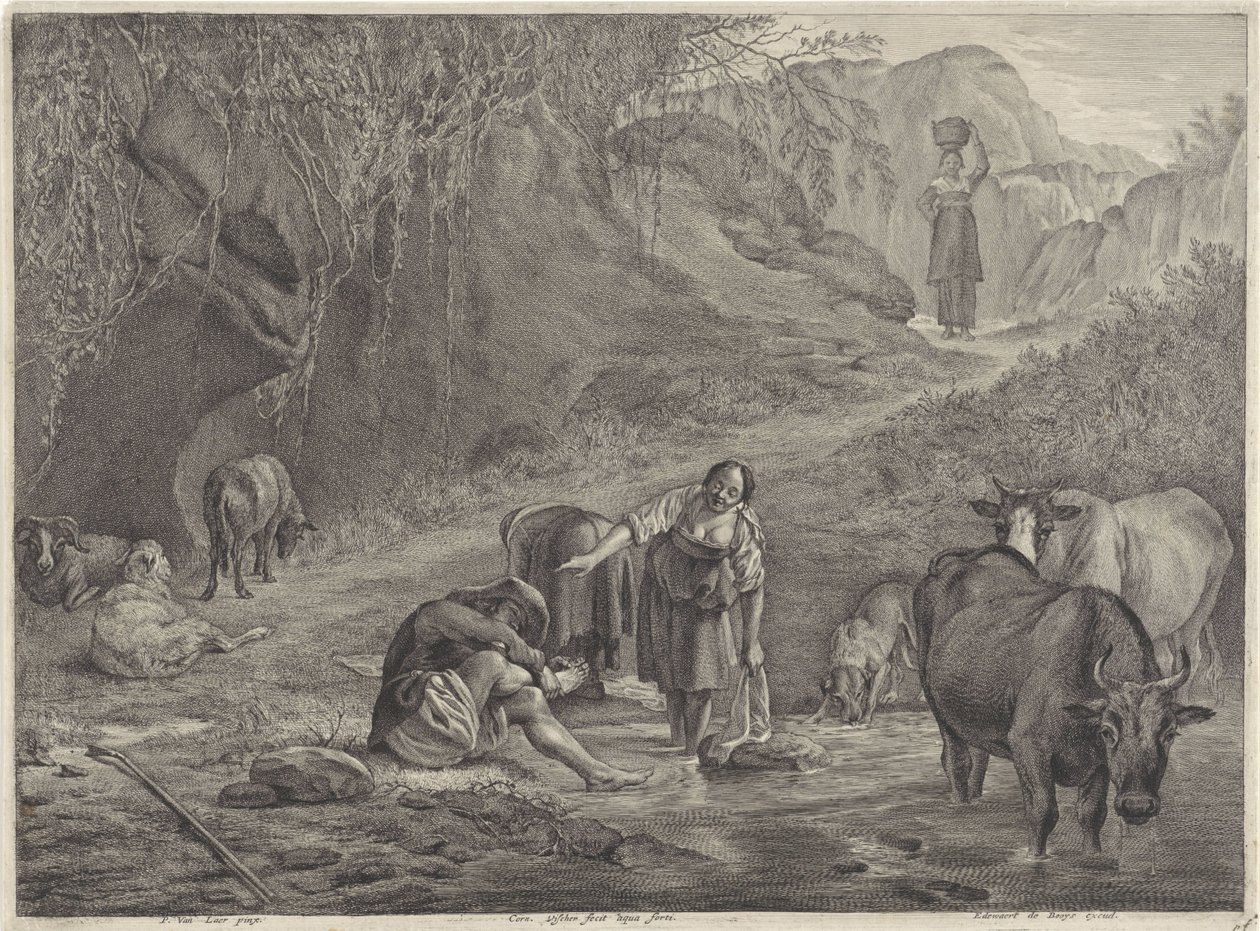 Sahilde çamaşır yıkayan kadınlar ve bir çoban by Cornelis Visscher (II)