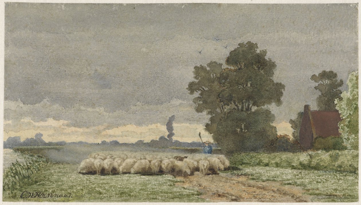Koyun sürüsü ile manzara by Cornelis Willem Hoevenaar (II)