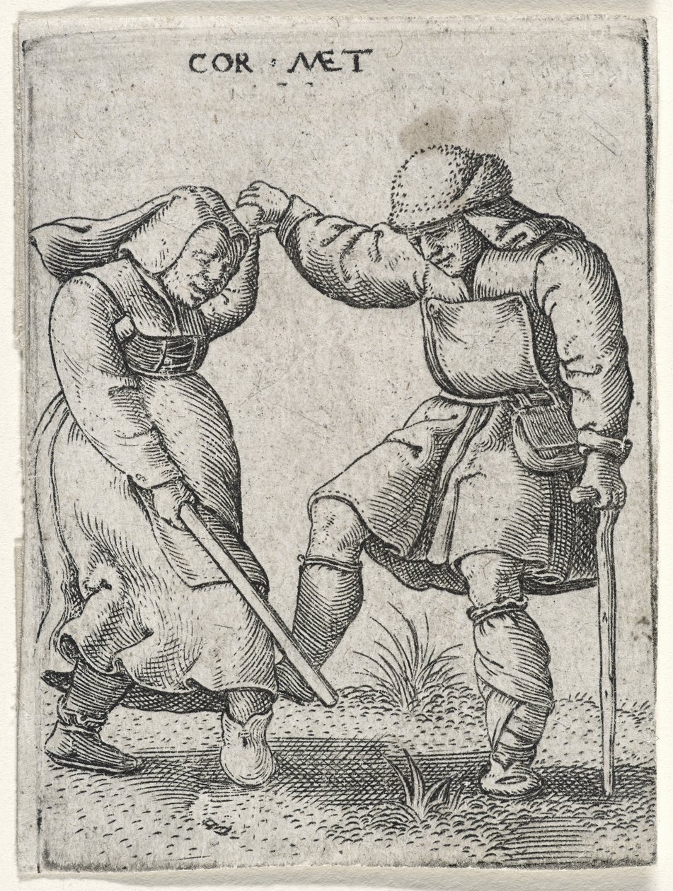 Ayağı Sargılı Bir Adam Bir Kadınla Dans Eder, 1572 (kağıt üzerine gravür) by Cornelis after Massys