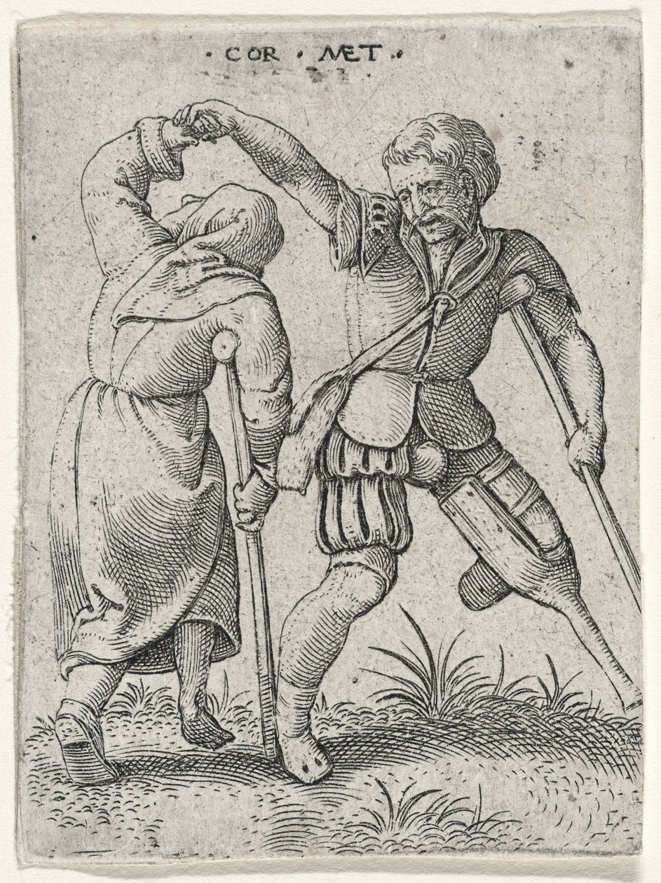 Tahta Bacaklı Bir Adam Topal Bir Kadını Kolunun Altına Çeviriyor, 1572 (kağıt üzerine gravür) by Cornelis after Massys