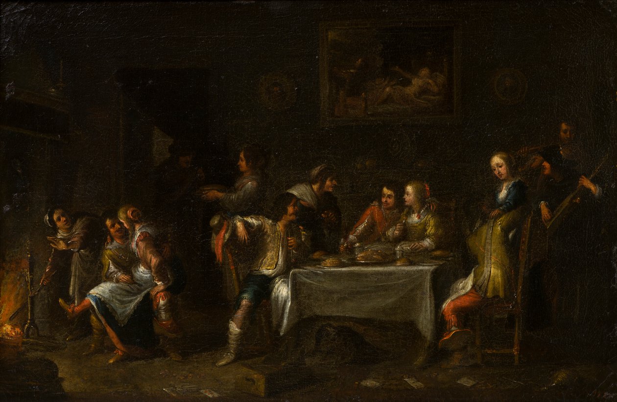 Bayanlar ve Baylar bir masanın etrafında ziyafet çekiyor, c.1612-67 (yağ, tuval ve kağıt) by Cornelis de (attr. to) Wael