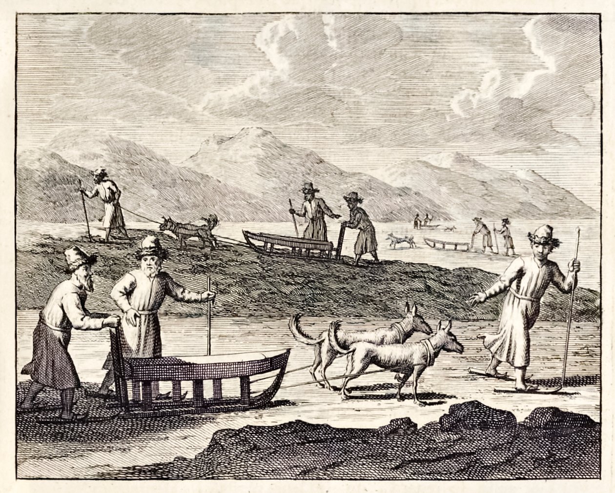 Sibirya'da Köpek kızaklarıyla seyahat eden Ruslar.”, 'Voyages de Corneille le Brun'dan. 1718 by Cornelis de Bruyn