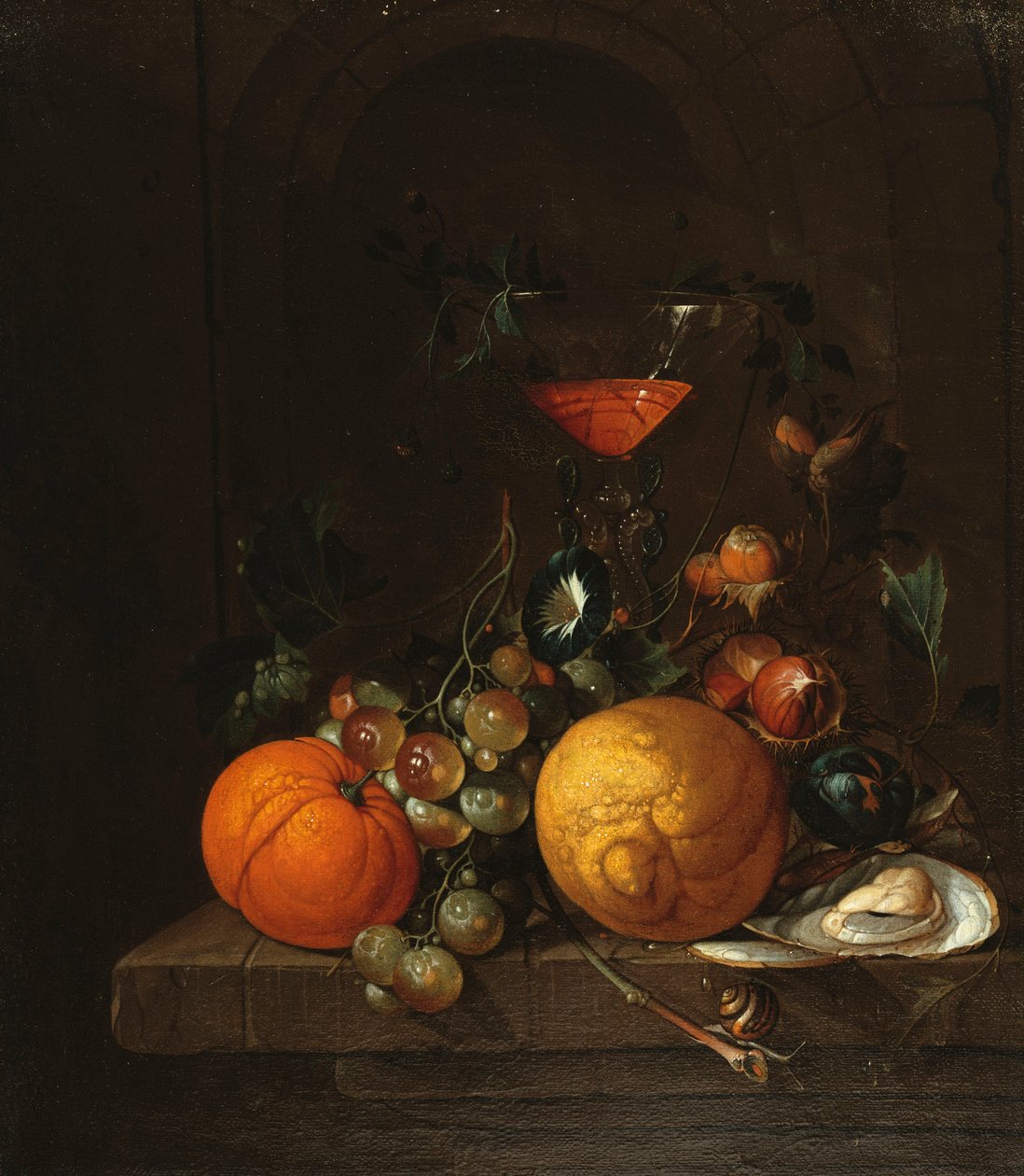 Bir Çıkıntıda Limon, Portakal, Üzüm, İstiridye ve Bir Kadeh Şarap by Cornelis de Heem