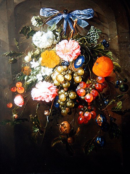 Mavi fiyonklu çiçekler ve meyvelerden oluşan bir natürmort by Cornelis de Heem