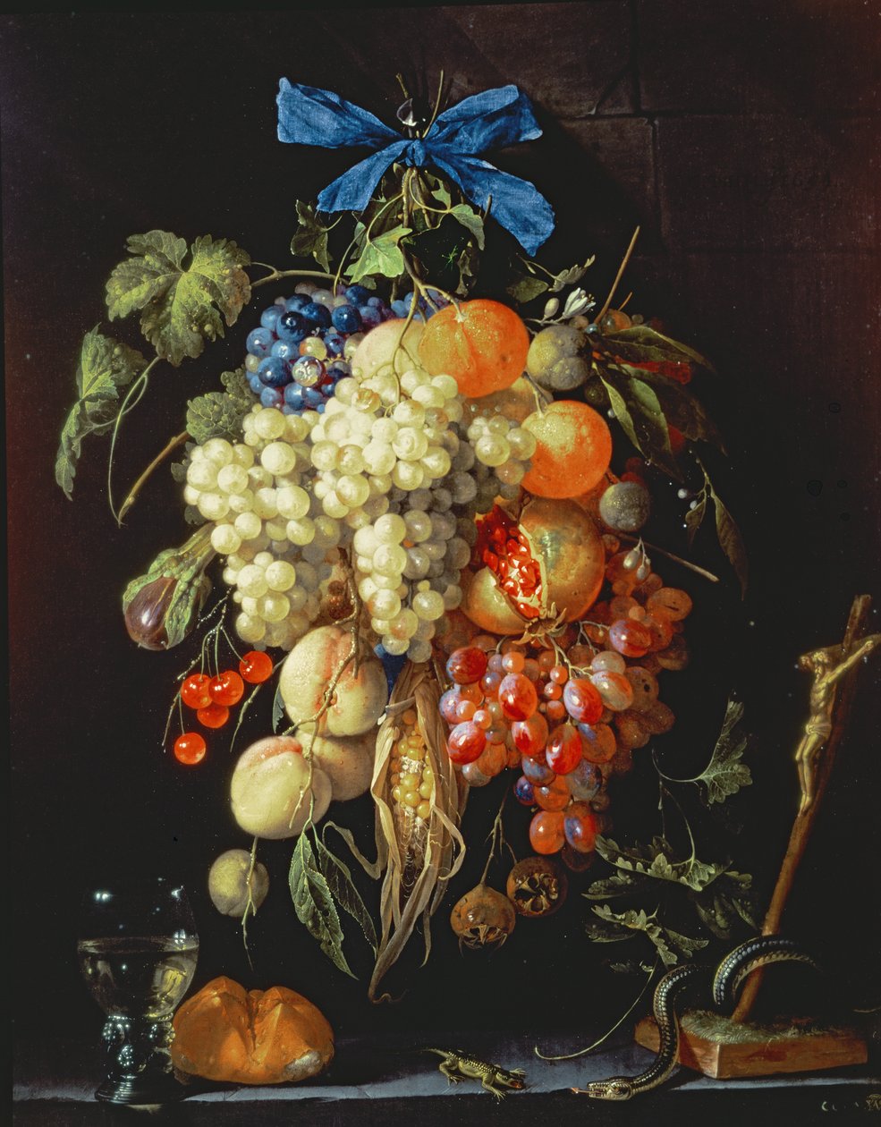 Aşağıda Bir Çıkıntıda Eucharistic Sembollerle Meyve Buketi by Cornelis de Heem