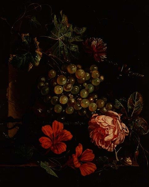 Böcek, salyangoz ve kertenkele ile üzüm ve çiçekler by Cornelis de Heem