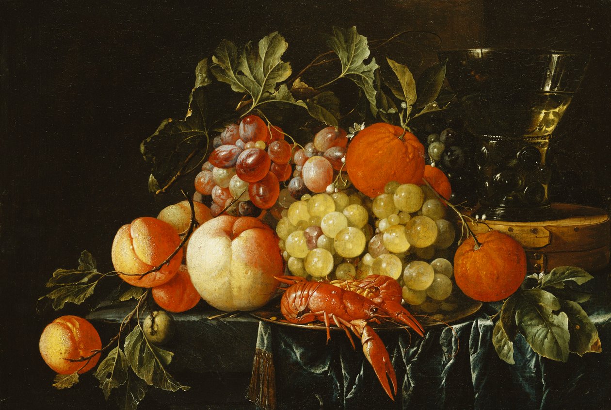 Kalaylı Tabakta Şeftali, Portakal, Üzüm ve Langoustines ve Kısmen Dökümlü Bir Çıkıntıda Bir Kutuda Konik Roemer, by Cornelis de Heem