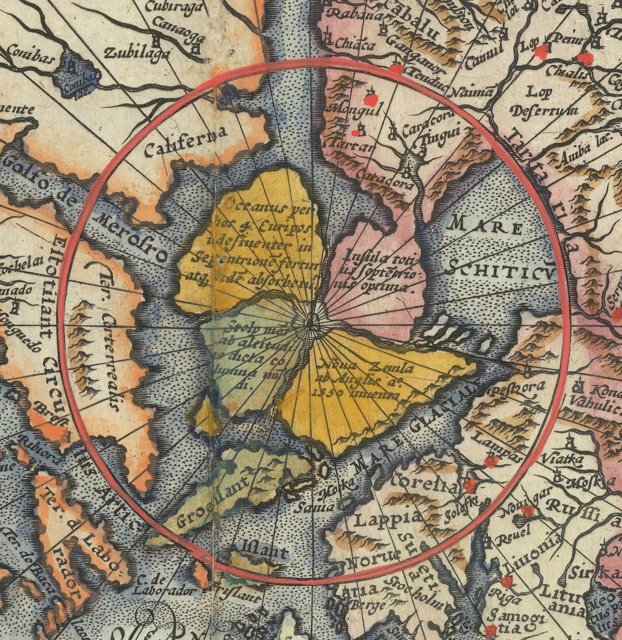 Dünya haritasının detayı - Kuzey Kutbu olarak manyetik ada ile Artic by Cornelis de Jode