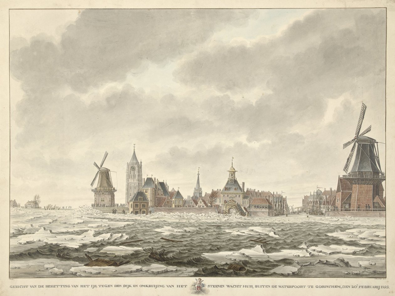 Gorinchem'deki Waterpoort'un dışındaki buz işgalinin görünümü, 20.n Şubat 1799 by Cornelis de Jonker