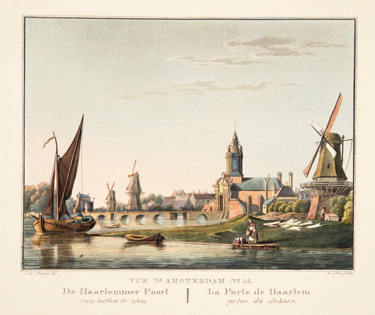 Vue d'Amsterdam No.14. Haarlemmer Poort dışarıdan görülebilir. La Porte de Haarlem ödül du dehors, 1825 (el boyaması gravür) by Cornelis de Kruyff