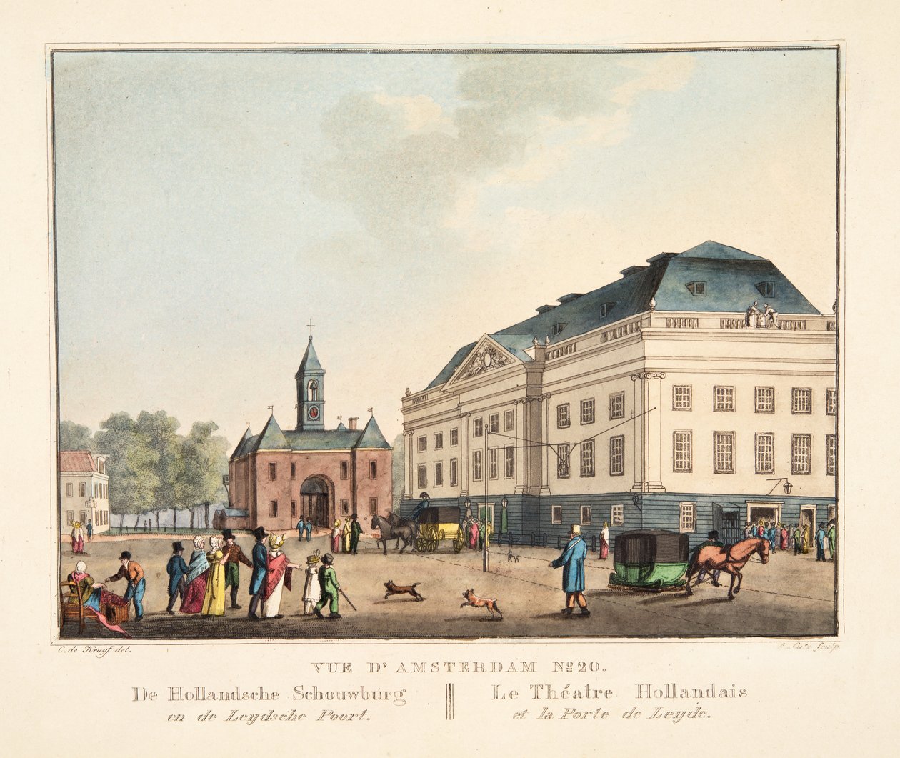 20 numaralı Amsterdam manzarası. De Hollandsche Schouwburg ve Leydsche Poort. Hollanda Tiyatrosu ve Leyden Limanı, 1825 (el renkli gravür) by Cornelis de Kruyff