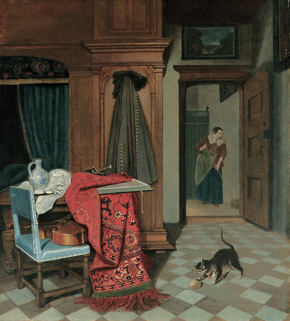 Bir halı, bir kılıç ve bir masanın üzerinde bir sürahi, bir sandalyede bir çello, bir dolapta asılı bir palto, bir topla oynayan bir kedi, bir hizmetçi ile iç mekan by Cornelis de Man