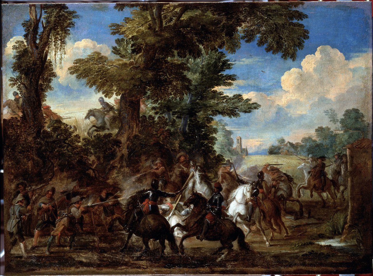Savaş sahnesi (Savaş sahnesi) Boyama Cornelis De Wael (1592-1667) (ec flam) Dim 75x100 cm Genler, Musei di Strada Nuova (eski Palazzo Bianco) by Cornelis de Wael