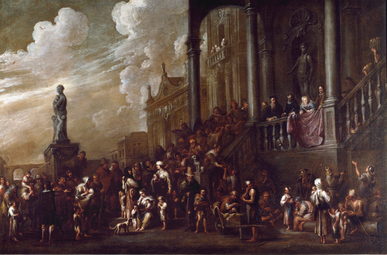 Bedensel sefaletin yedi eseri: “”açlara yemek vermek”” Cornelis De Wael (1592-1667) (ec.flam) Genes, koleksiyon Banco di Chiavari by Cornelis de Wael