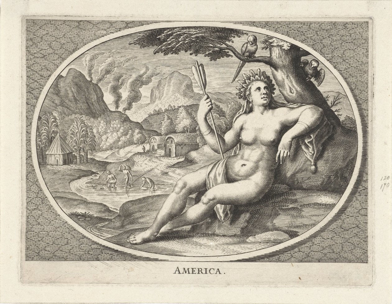 Amerika kıtasının bir manzarada tüy başlıklı ve oklu bir kadın olarak kadın kişileştirilmesi Amerika (nesne üzerindeki başlık) by Cornelis van Dalen (II)