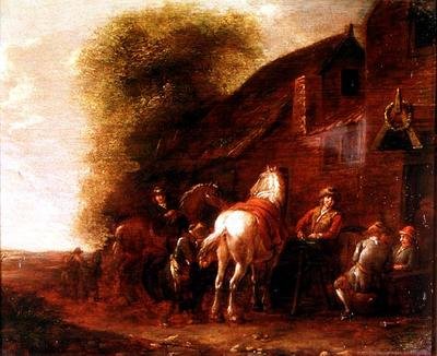 Bir köy hanı dışında atlılar by Cornelis van Essen