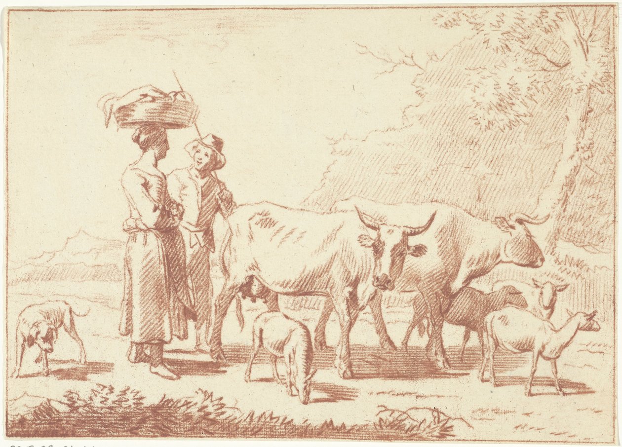 Çoban ve inek ve koyun olan bir kadın by Cornelis van Noorde