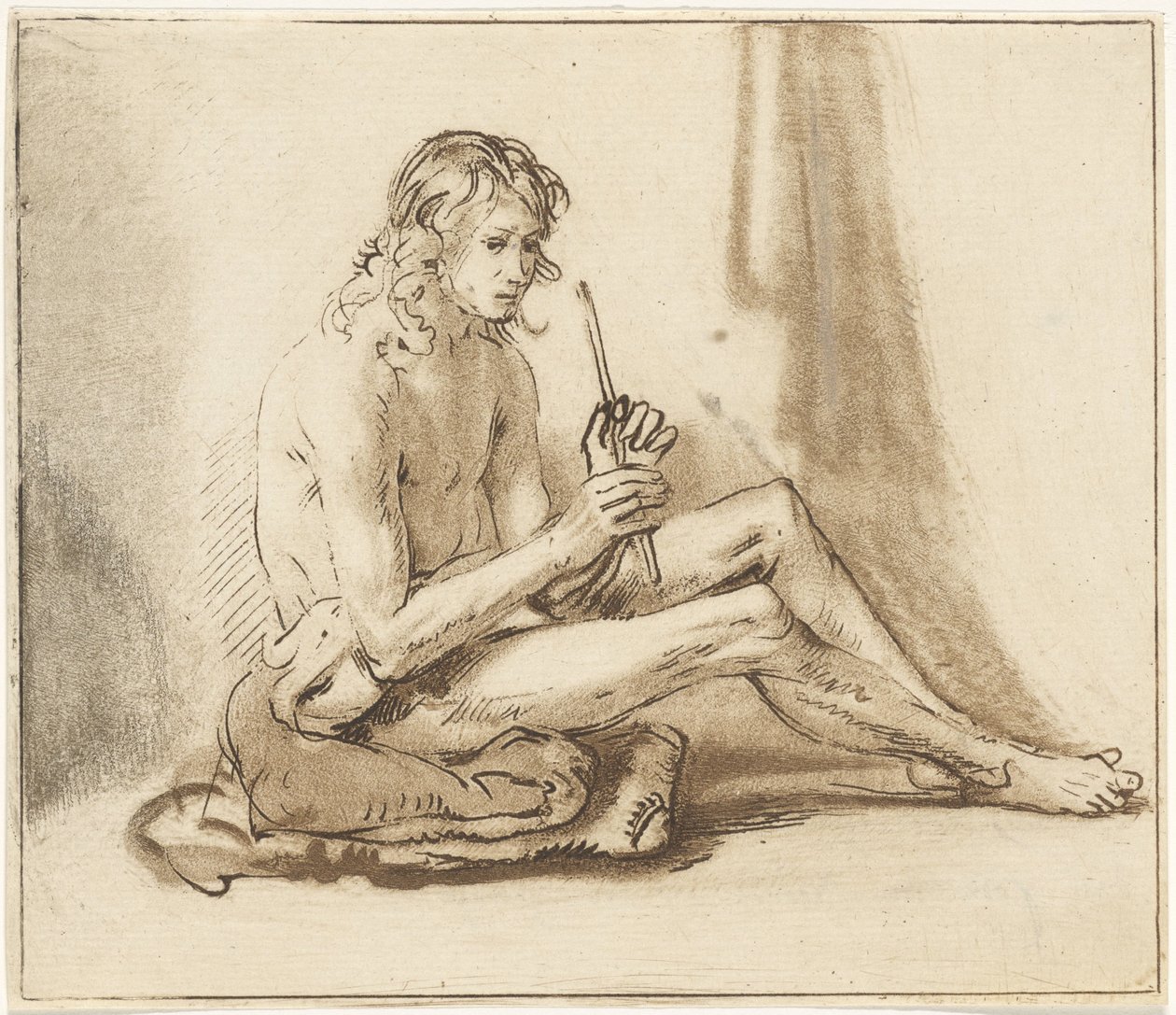 Flüt ile oturan çıplak adam by Cornelis van Noorde