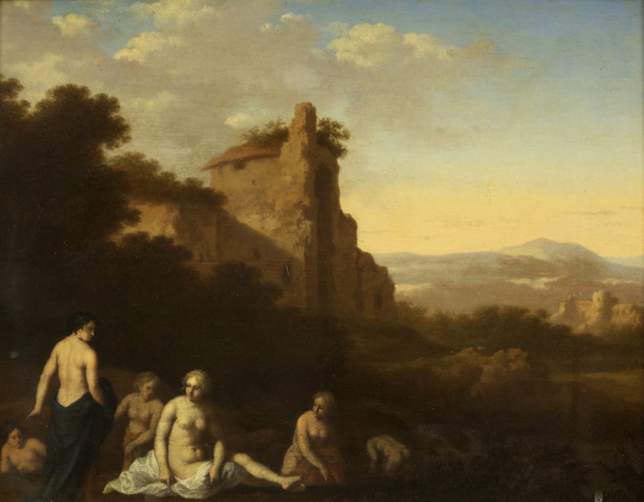 Periler Banyosu (panelde yağ) by Cornelis van Poelenburgh or Poelenburch