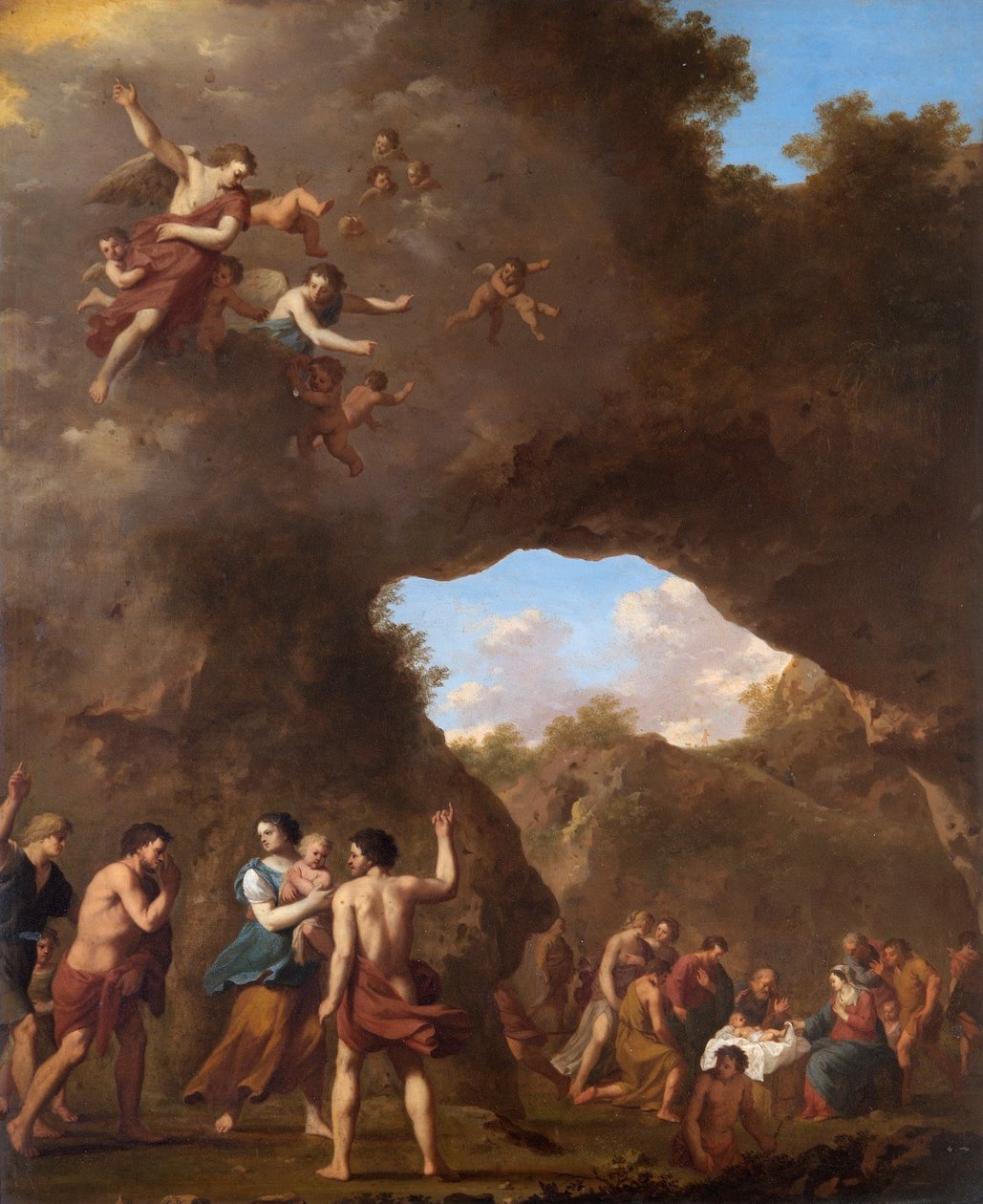 Çobanları Doğuşa Giden Melekler (bakır üzerine yağlı boya) by Cornelis van Poelenburgh or Poelenburch