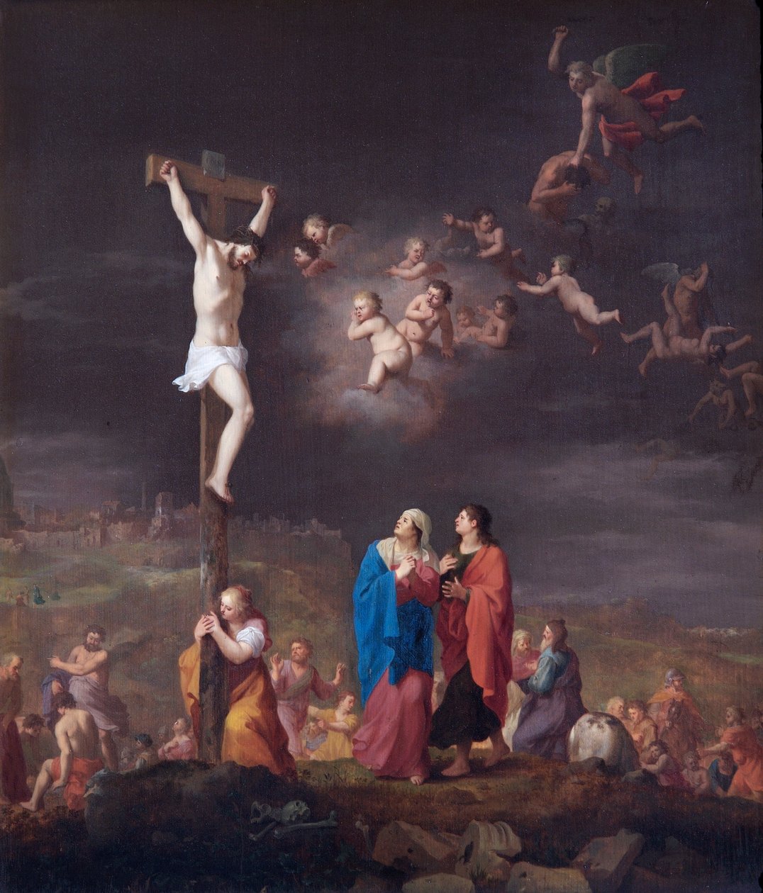 Asi Meleklerin Düşüşüyle Çarmıha Gerilme (meşe panel üzerine yağlıboya) by Cornelis van Poelenburgh or Poelenburch