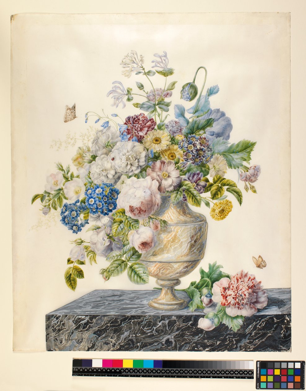 Mermer bir rafta karışık çiçeklerden oluşan mermer bir vazo, 1800 dolayları by Cornelis van Spaendonck