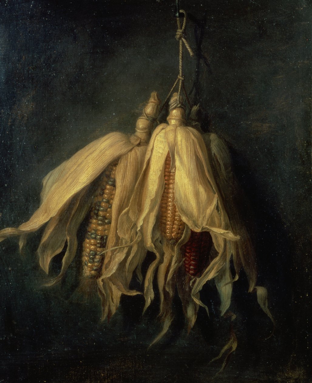 Bir Çividen Sarkan Üç Mısır Koçanı (tuval üzerine yağlı boya) by Cornelis van Spaendonck